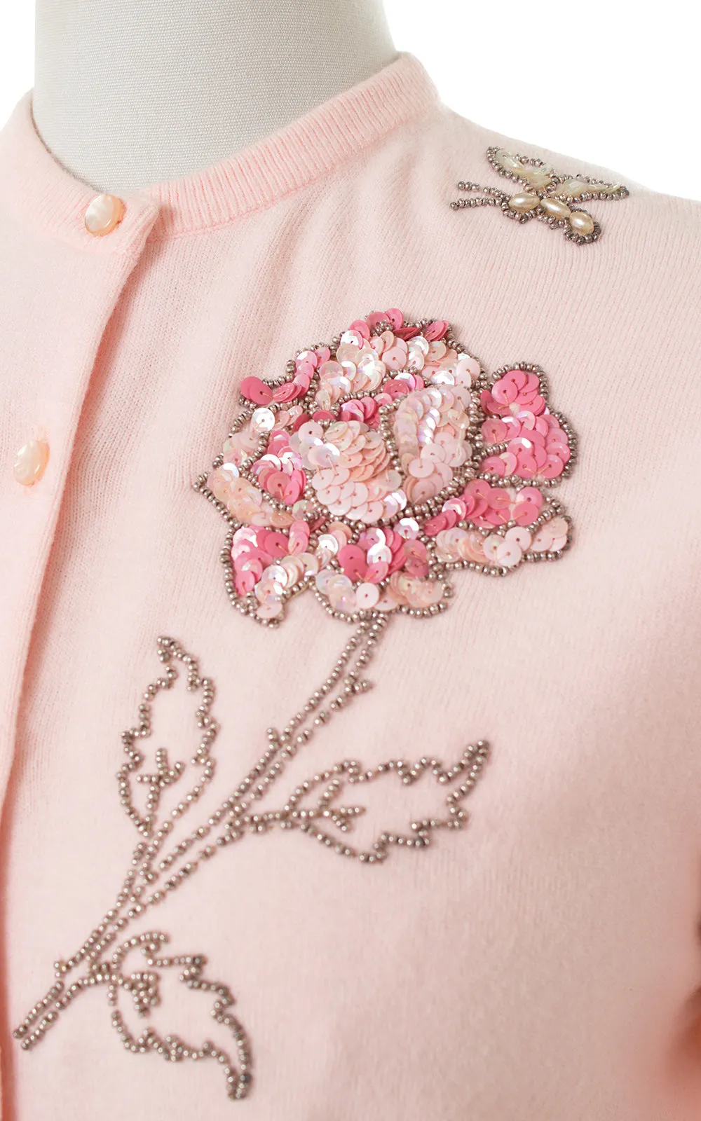 1950s Sequin Rose   Butterfly Pink Cardigan | medium/large