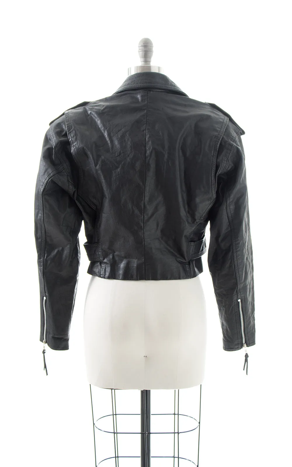 1980s Black Leather Cropped Moto Jacket | large