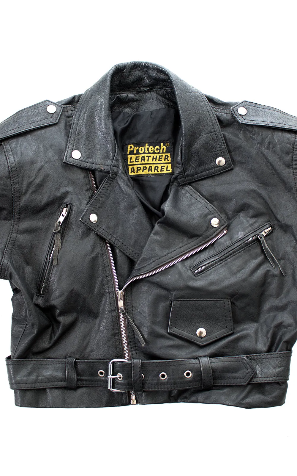 1980s Black Leather Cropped Moto Jacket | large