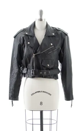1980s Black Leather Cropped Moto Jacket | large
