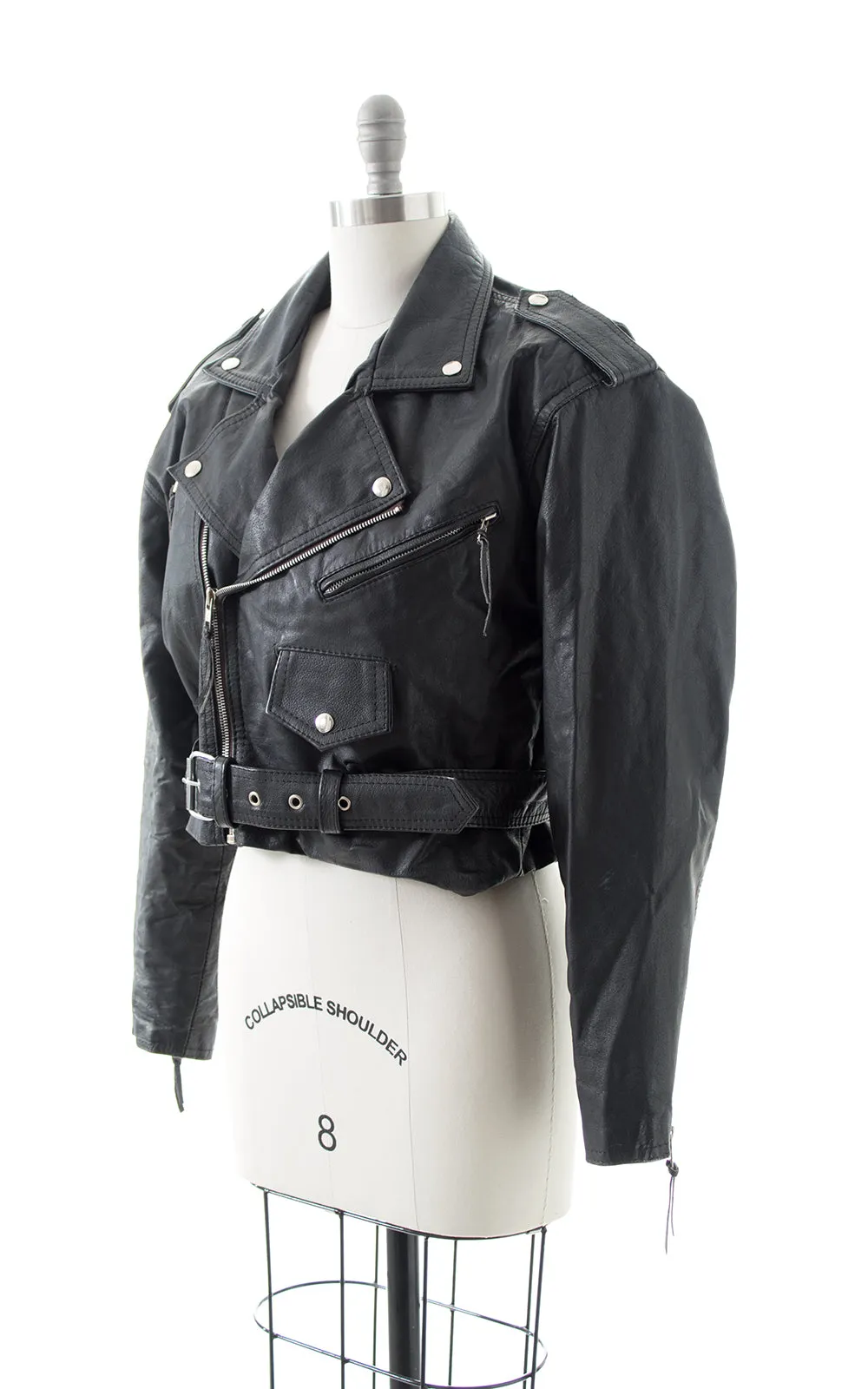 1980s Black Leather Cropped Moto Jacket | large