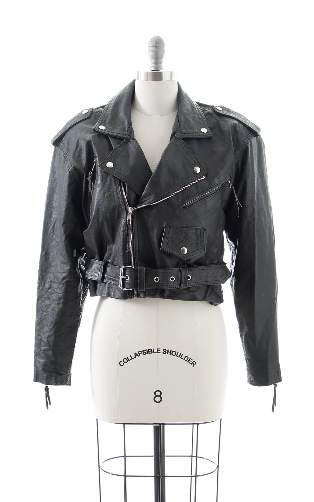 1980s Black Leather Cropped Moto Jacket | large