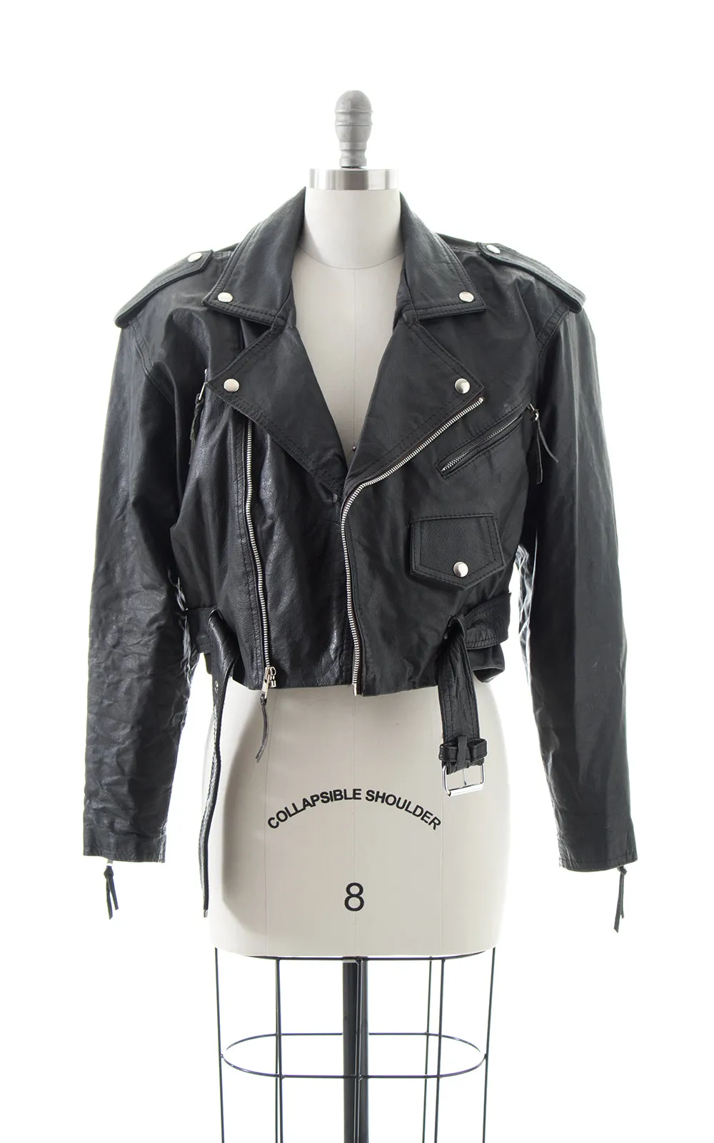 1980s Black Leather Cropped Moto Jacket | large