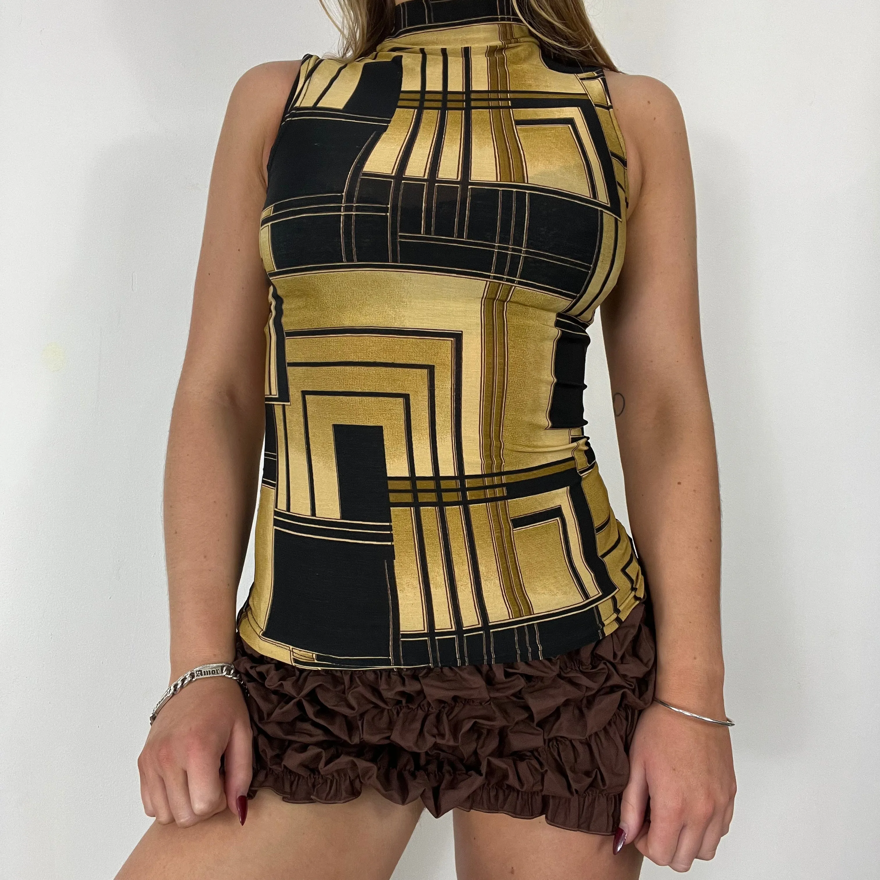 70s graphic print turtle neck vest - Size S