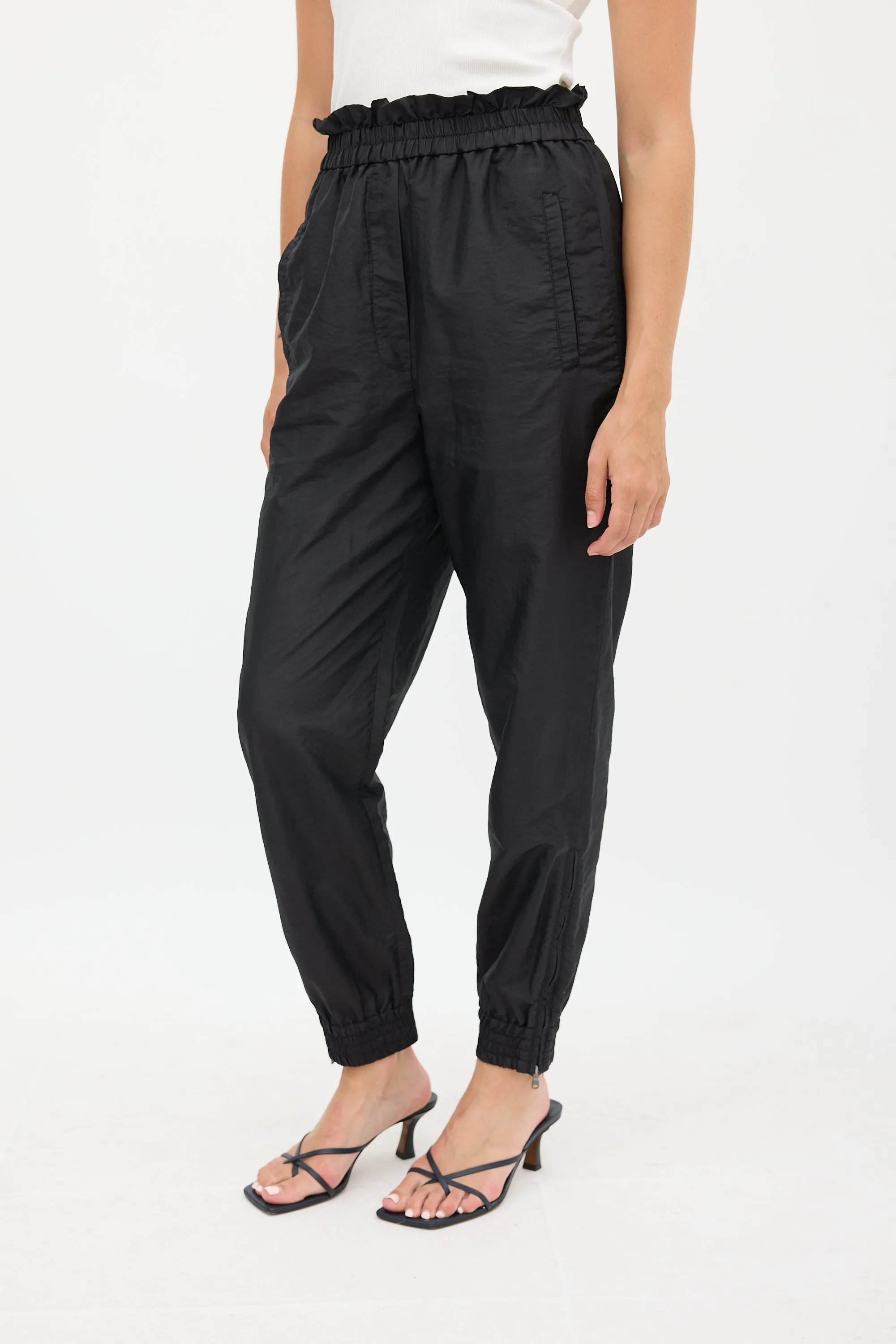 Black Nylon Ruffled Tapered Jogger