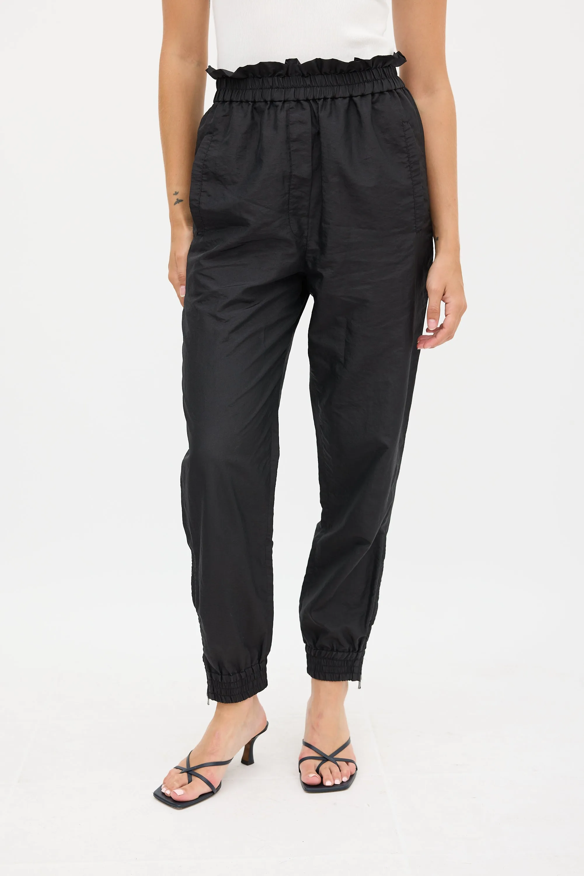 Black Nylon Ruffled Tapered Jogger