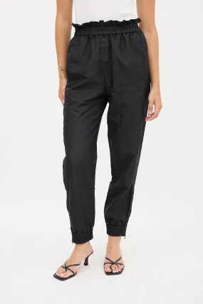 Black Nylon Ruffled Tapered Jogger