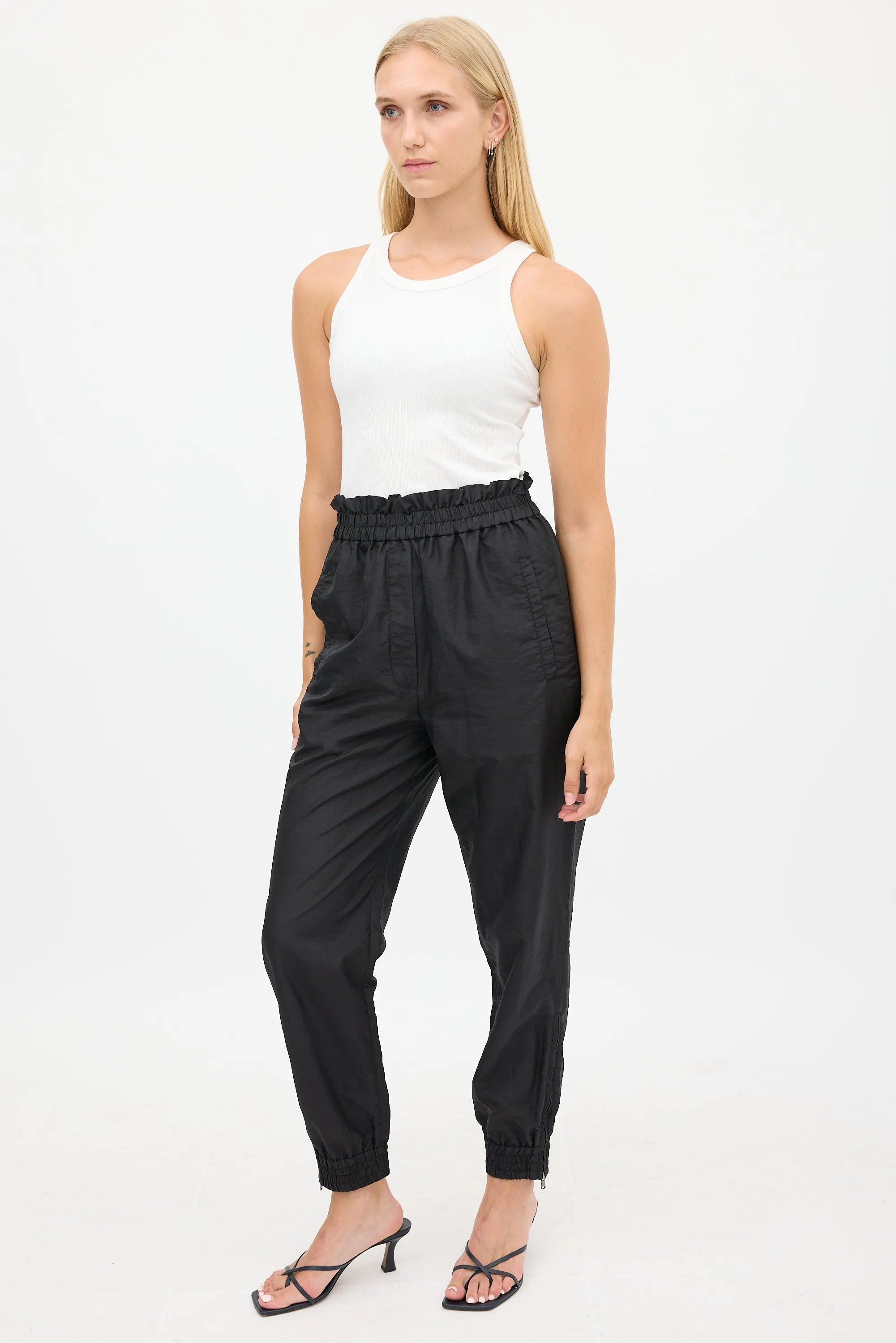 Black Nylon Ruffled Tapered Jogger