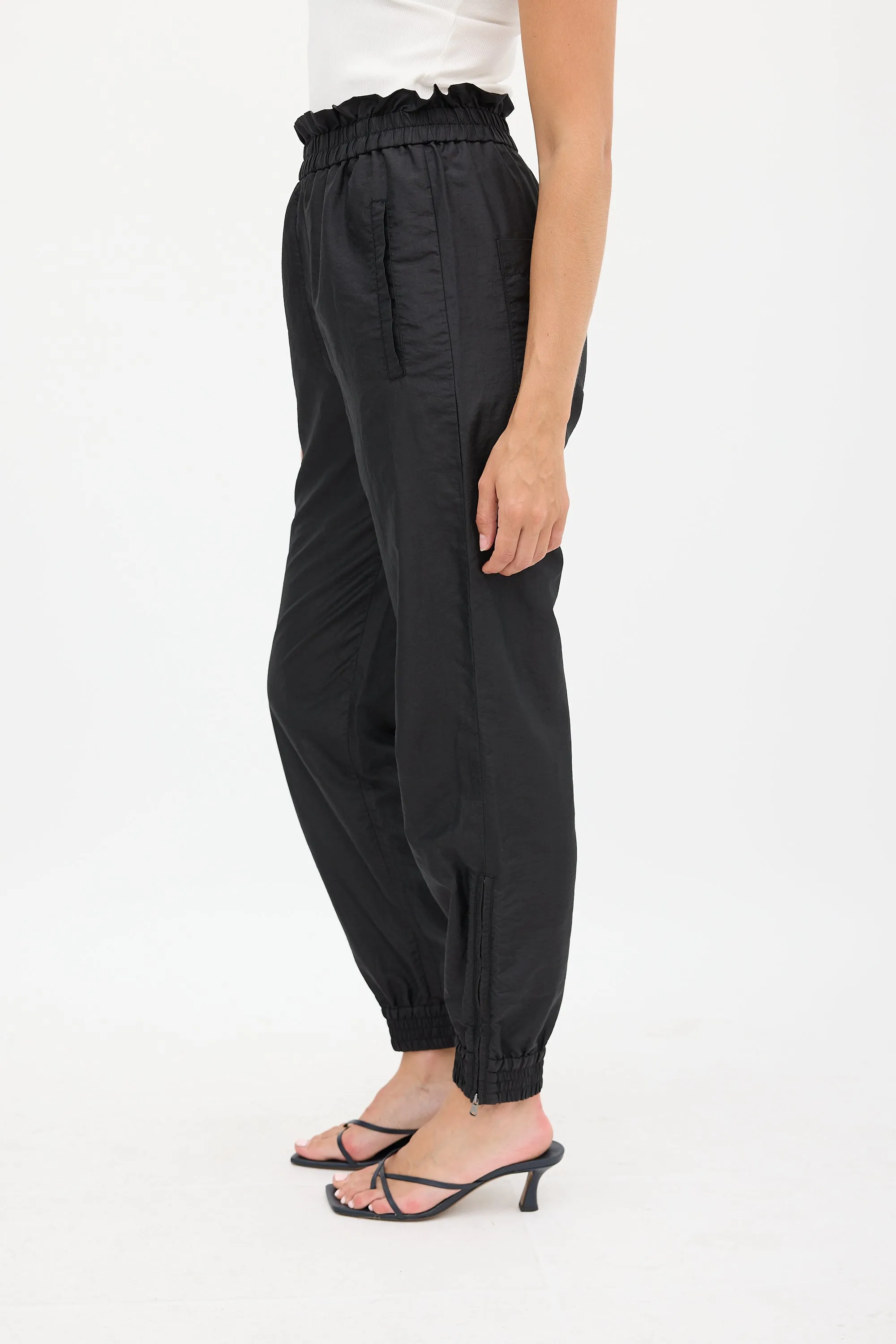 Black Nylon Ruffled Tapered Jogger