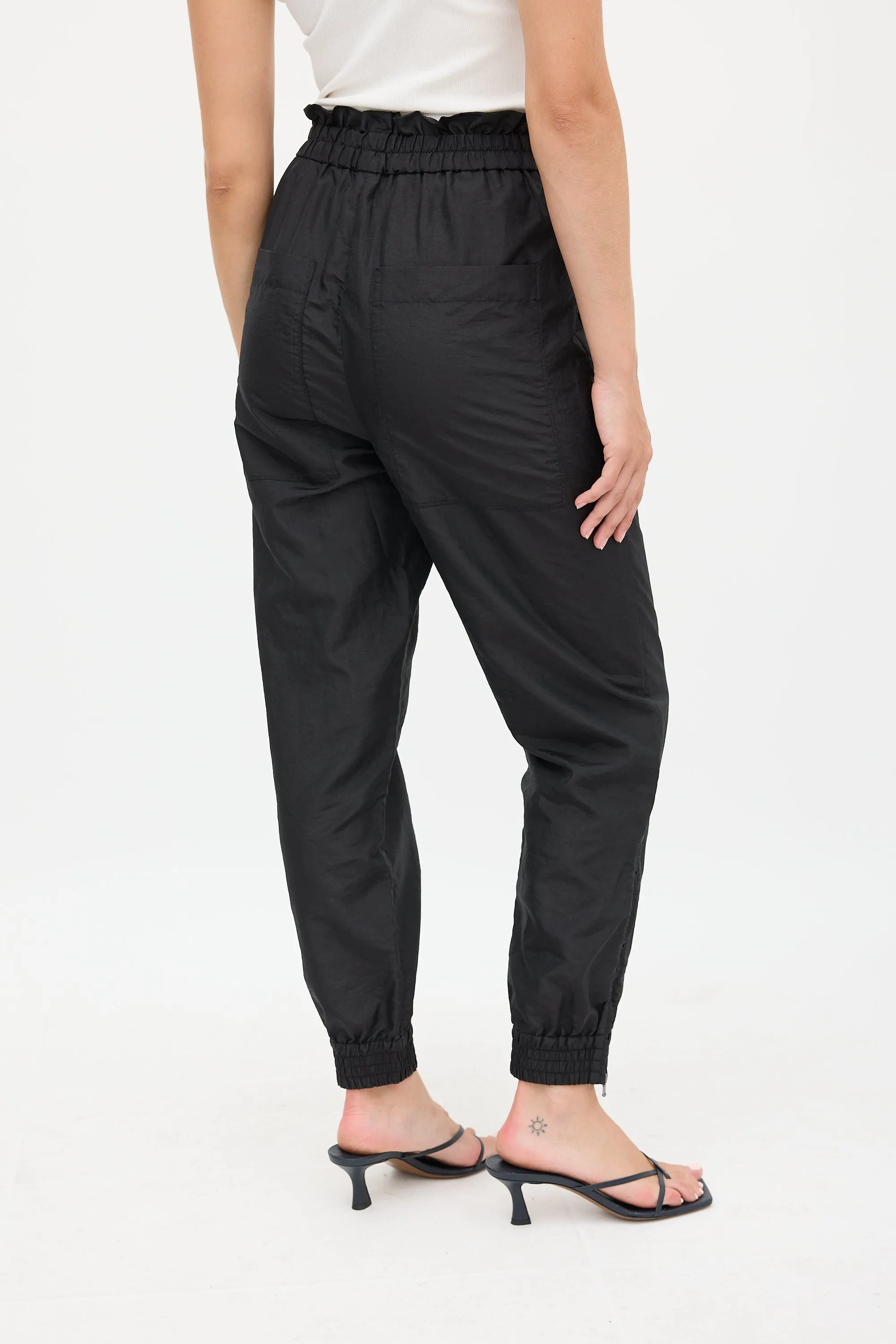 Black Nylon Ruffled Tapered Jogger