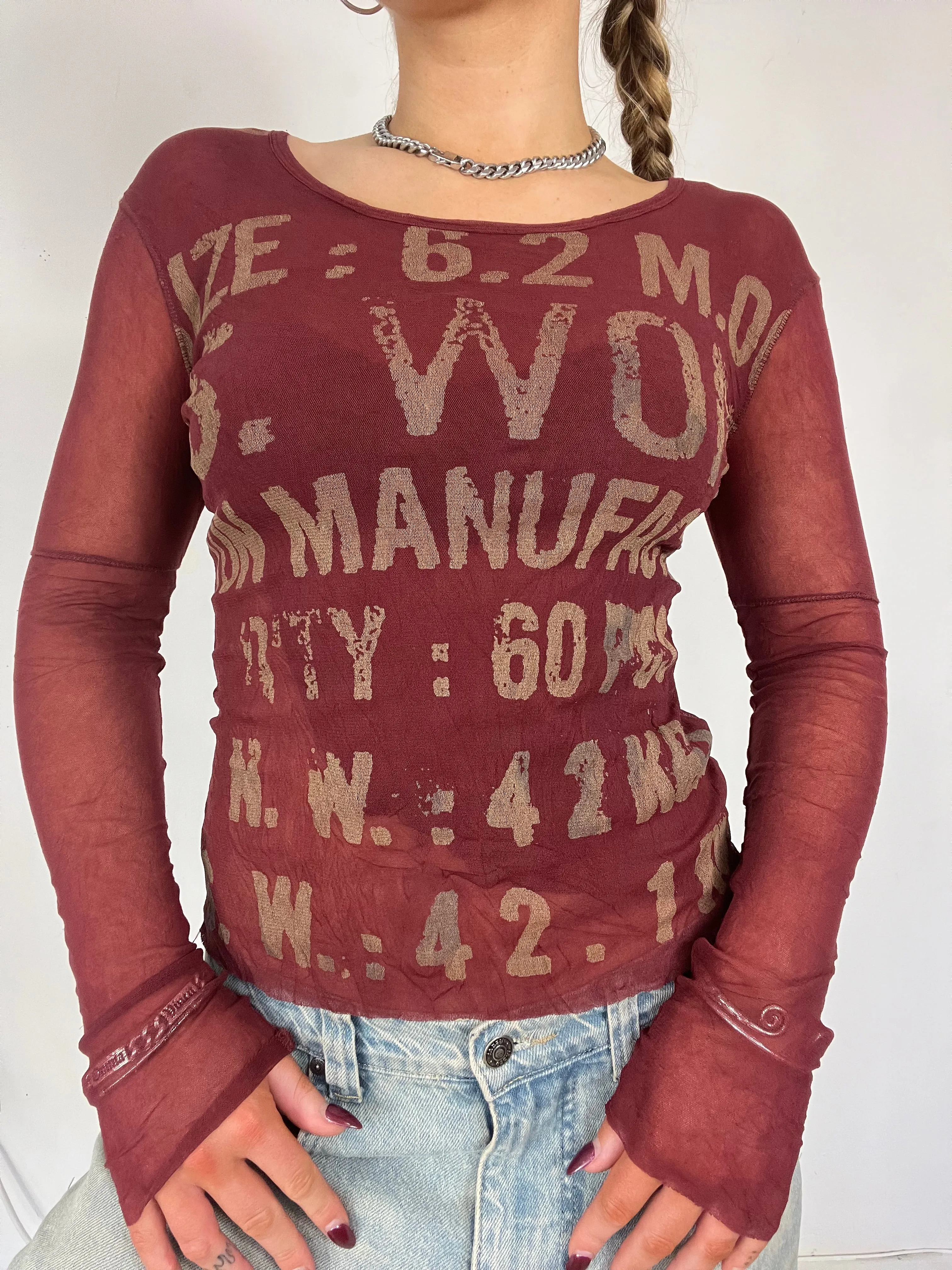 Burgundy graphic print mesh long sleeve - Size S