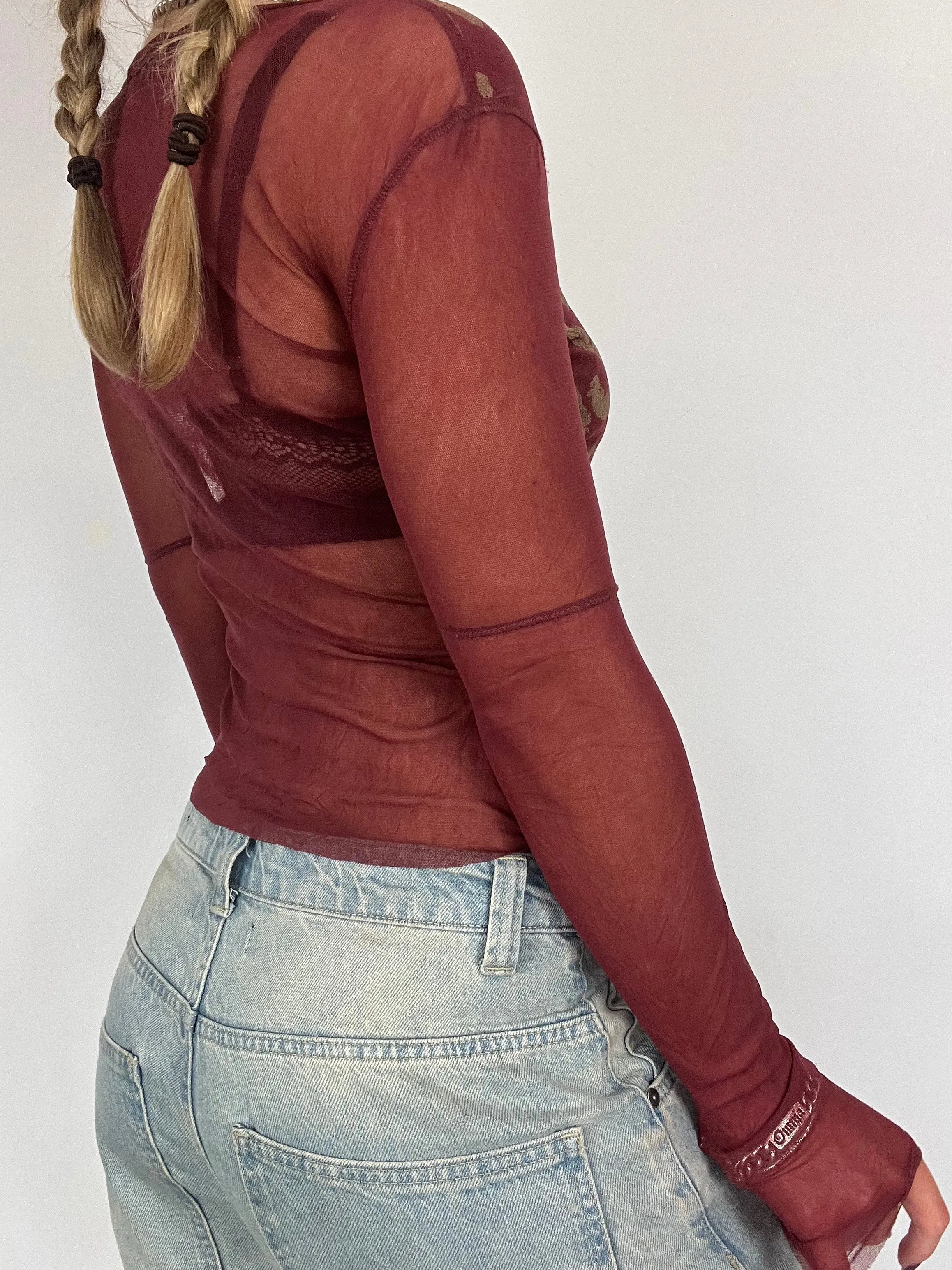 Burgundy graphic print mesh long sleeve - Size S