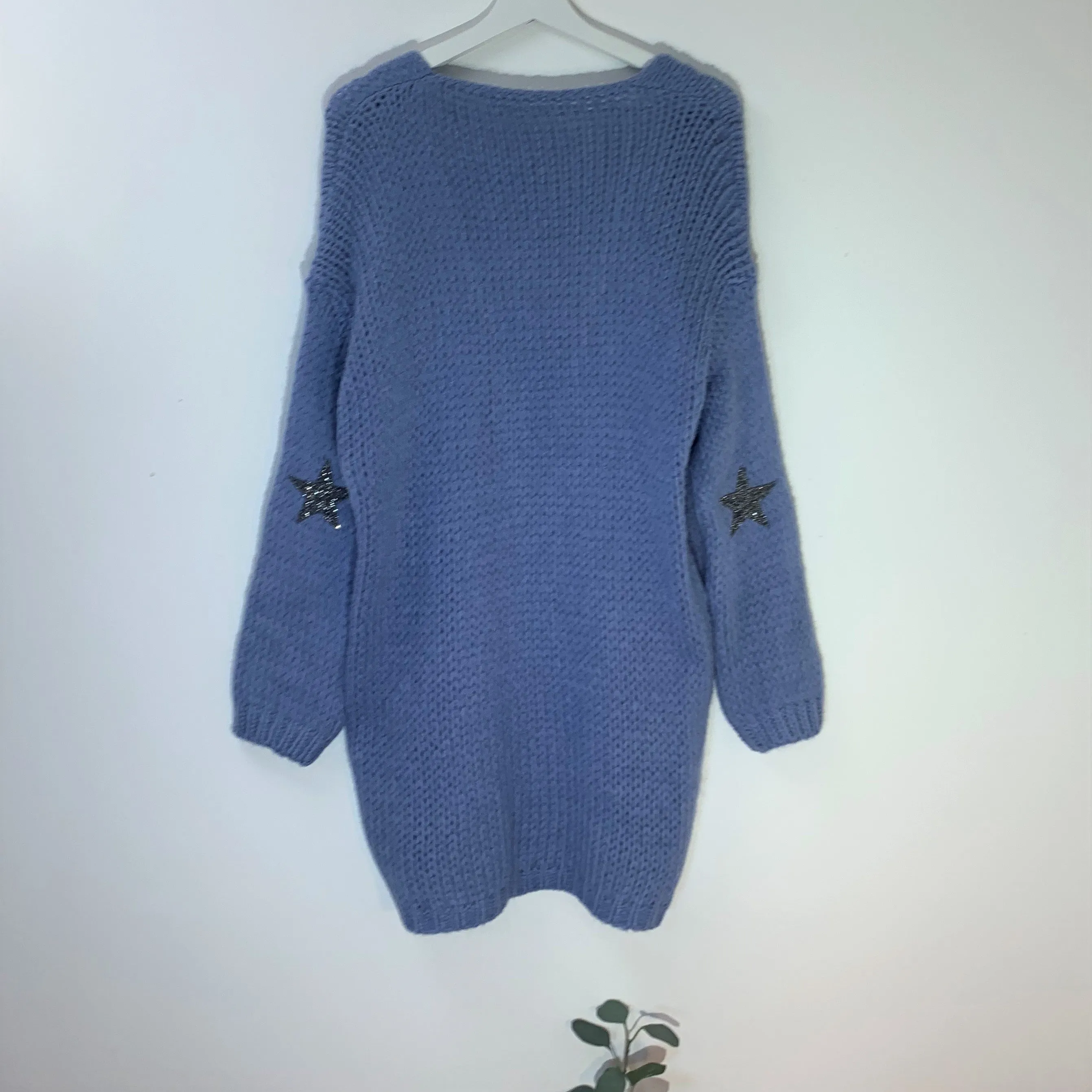 Chunky mohair mix long cardi with crystal star on elbow