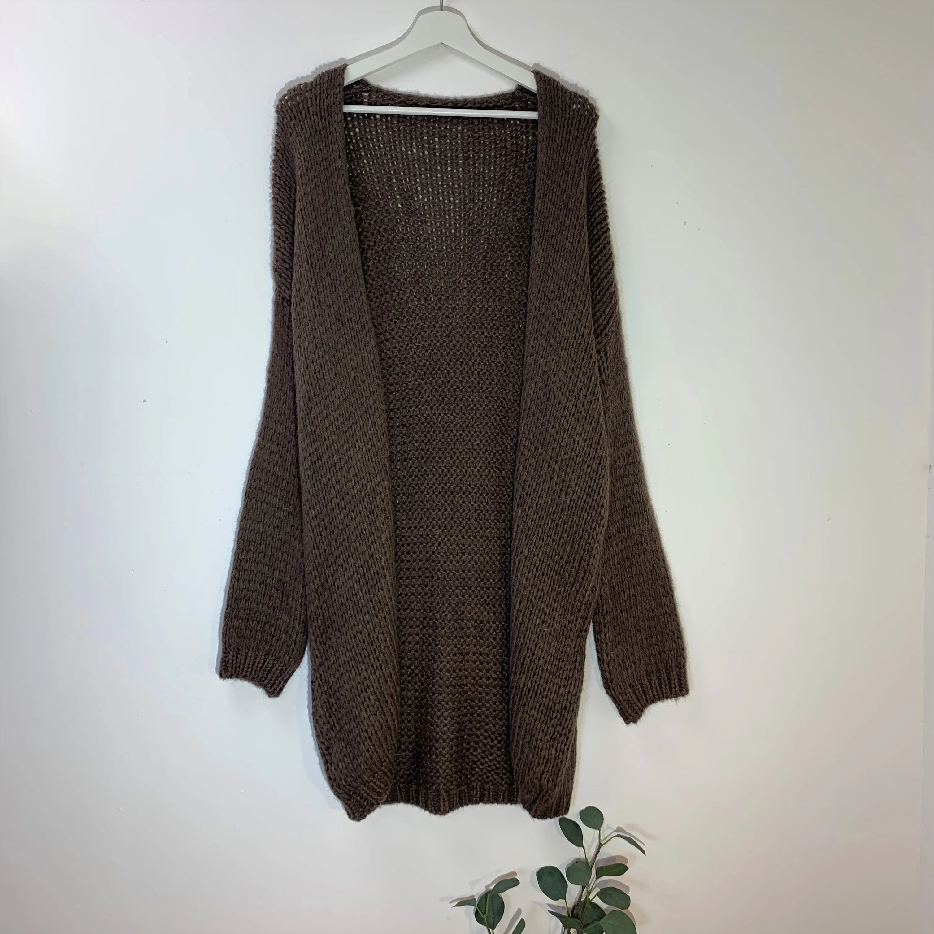 Chunky mohair mix long cardi with crystal star on elbow