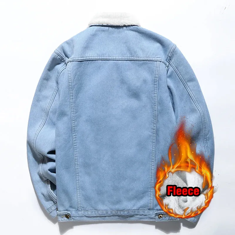Classic Black Light Blue Fleece Thicken Slim Fit Jeans Jacket