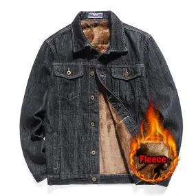 Classic Black Light Blue Fleece Thicken Slim Fit Jeans Jacket