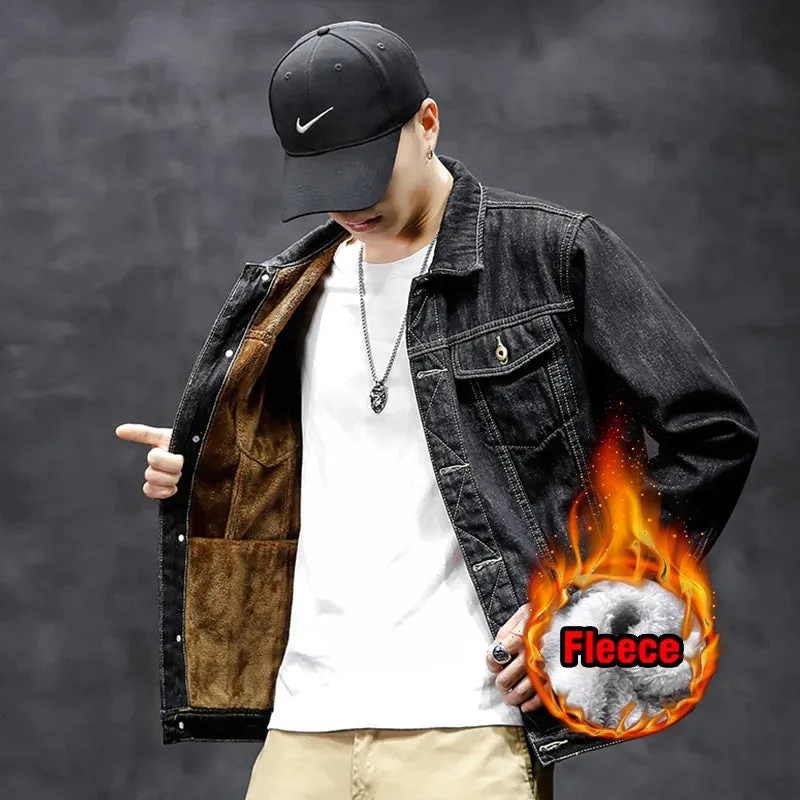 Classic Black Light Blue Fleece Thicken Slim Fit Jeans Jacket