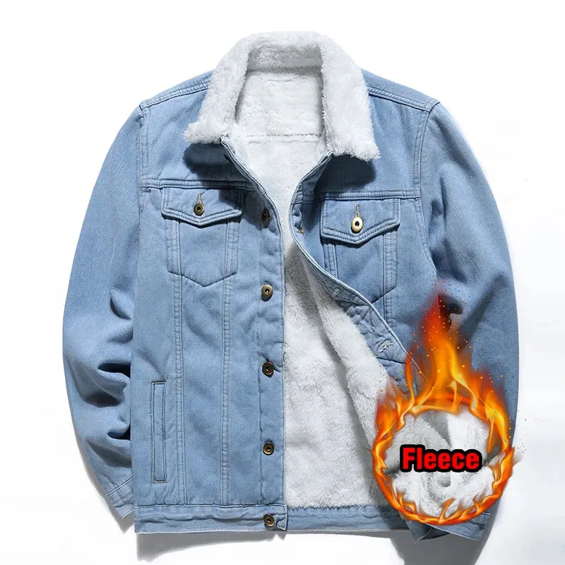 Classic Black Light Blue Fleece Thicken Slim Fit Jeans Jacket
