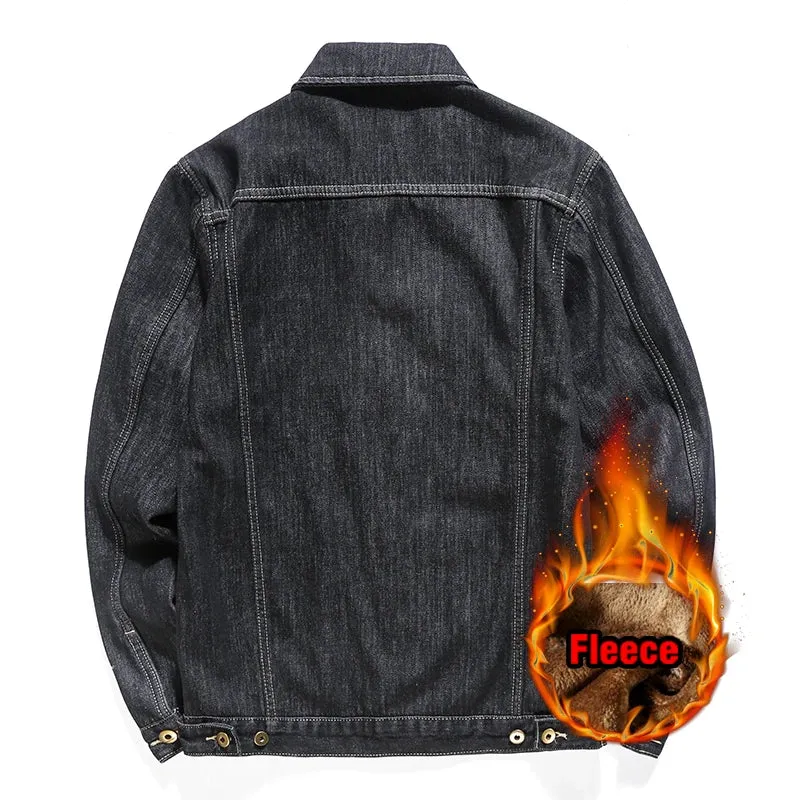 Classic Black Light Blue Fleece Thicken Slim Fit Jeans Jacket