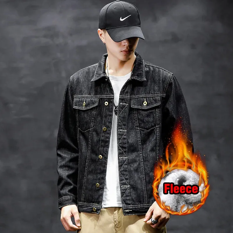 Classic Black Light Blue Fleece Thicken Slim Fit Jeans Jacket