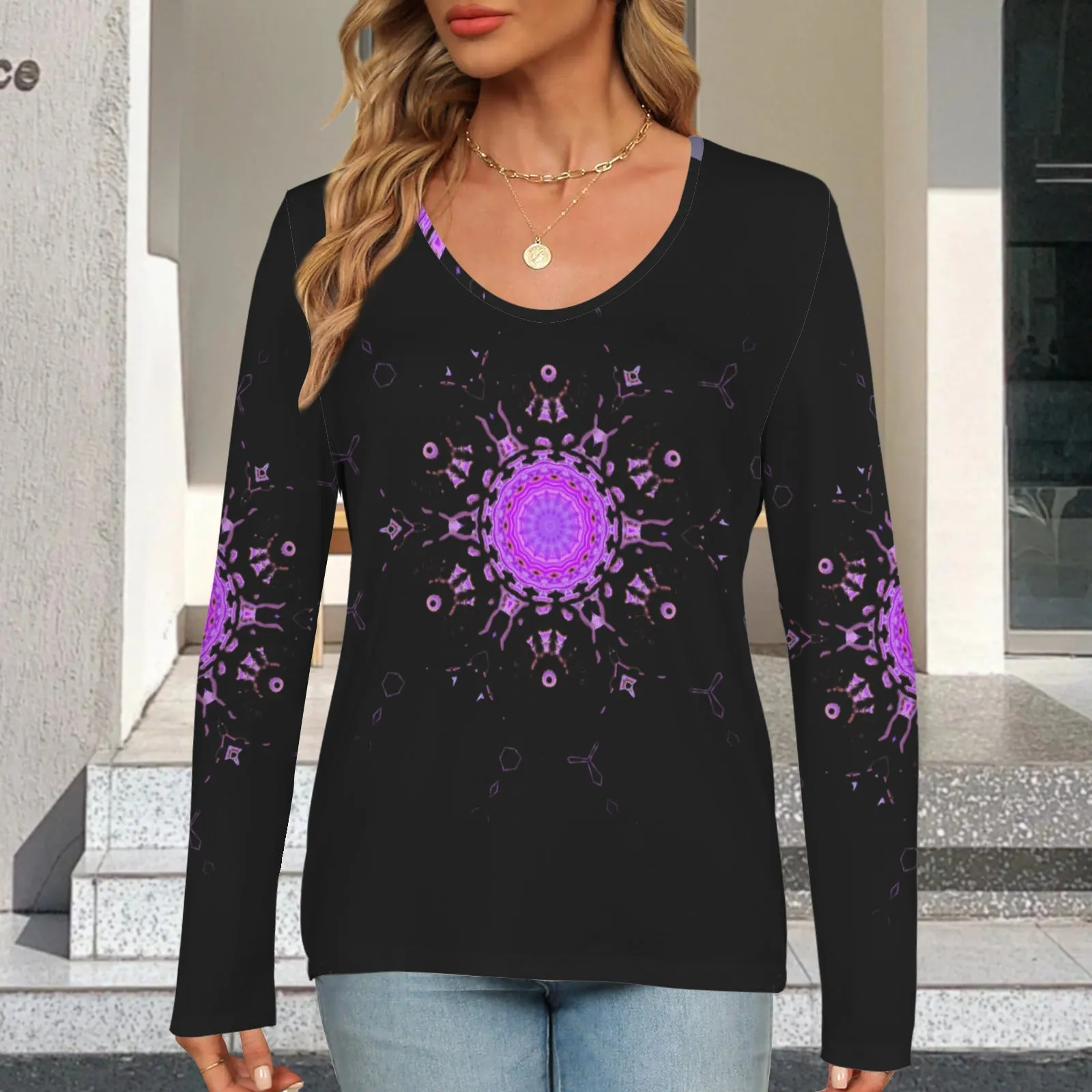 Long Sleeve V Neck Sweater Black Bergamot Medallion II