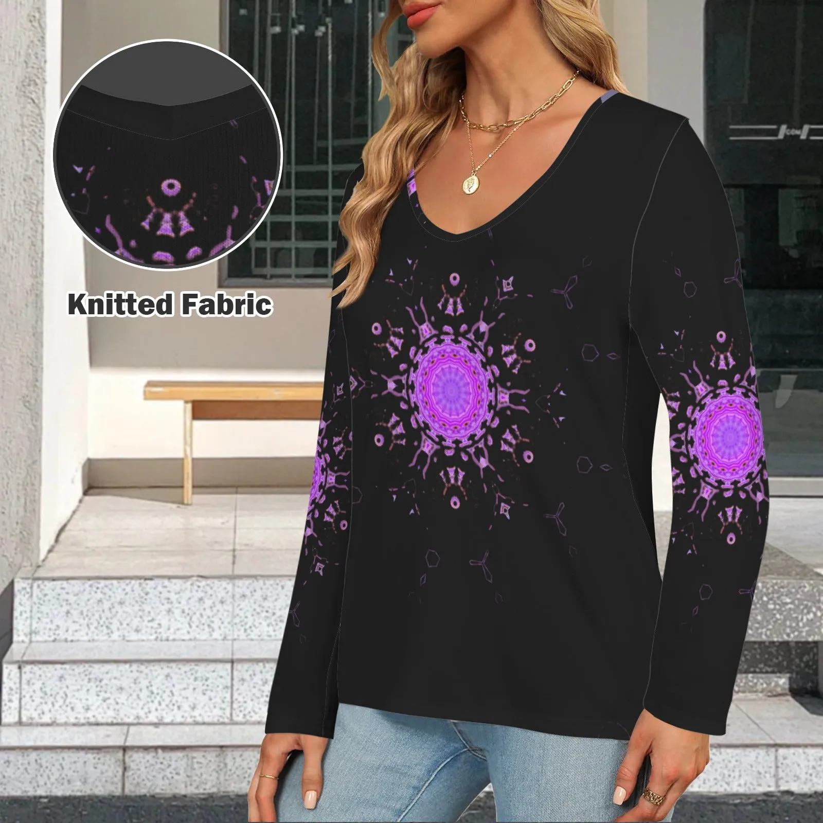 Long Sleeve V Neck Sweater Black Bergamot Medallion II