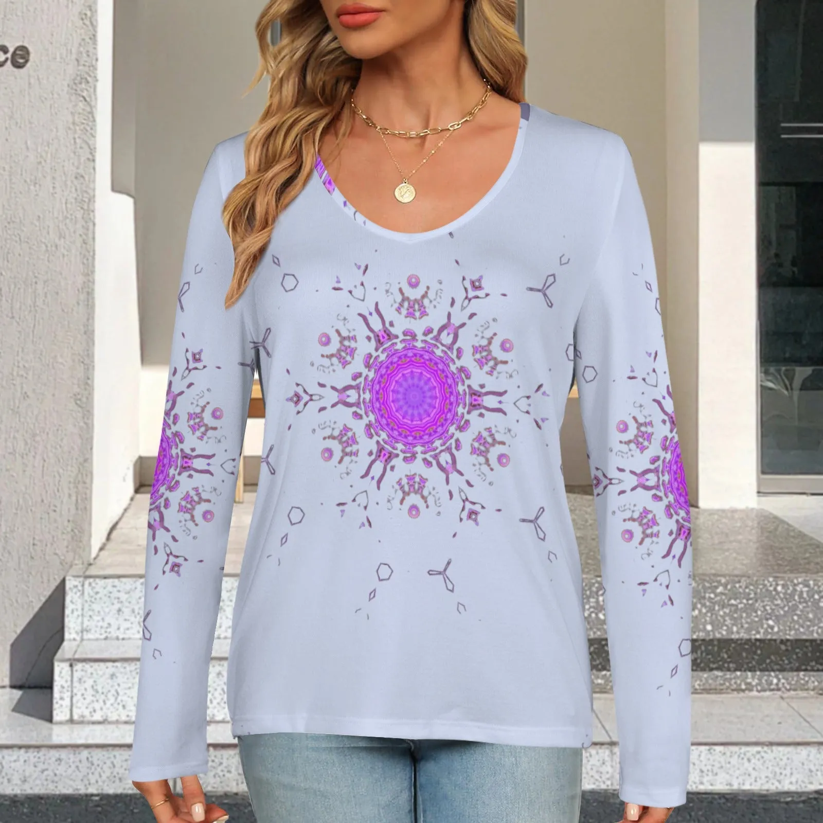 Long Sleeve V Neck Sweater Periwinkle Bergamot Medallion II