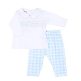 Magnolia Baby Boys Blue Checks Smocked Collared Pant Set