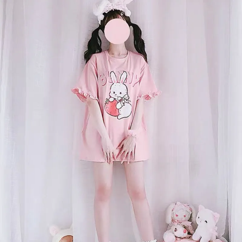 Pink Strawberry Rabbit Wave Sleeve T-shirt