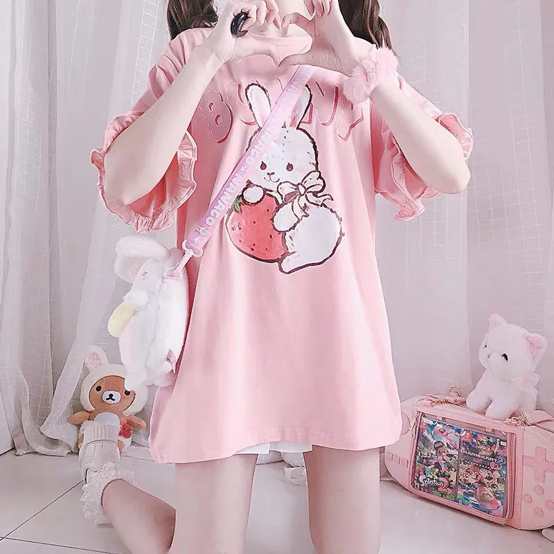 Pink Strawberry Rabbit Wave Sleeve T-shirt