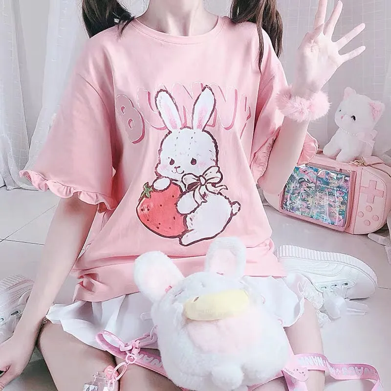 Pink Strawberry Rabbit Wave Sleeve T-shirt
