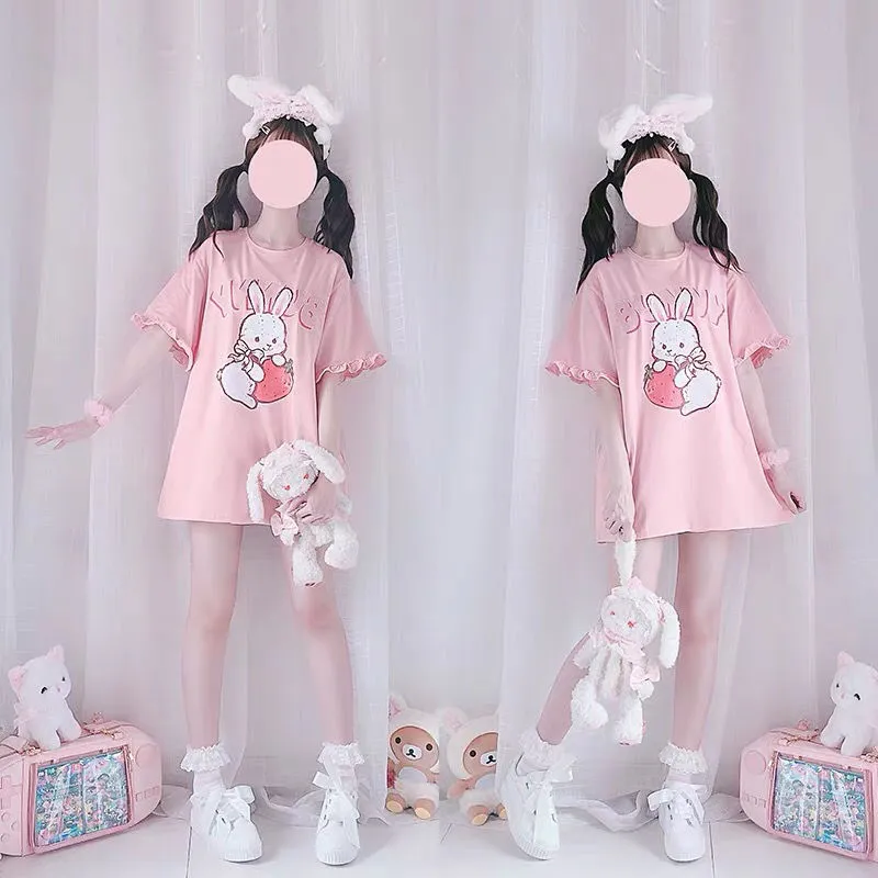 Pink Strawberry Rabbit Wave Sleeve T-shirt