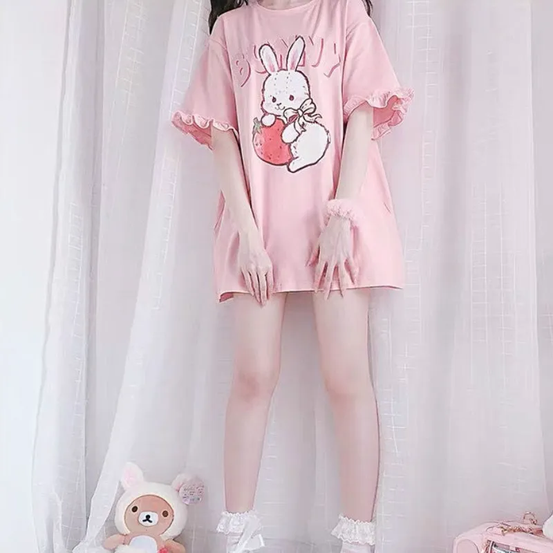 Pink Strawberry Rabbit Wave Sleeve T-shirt