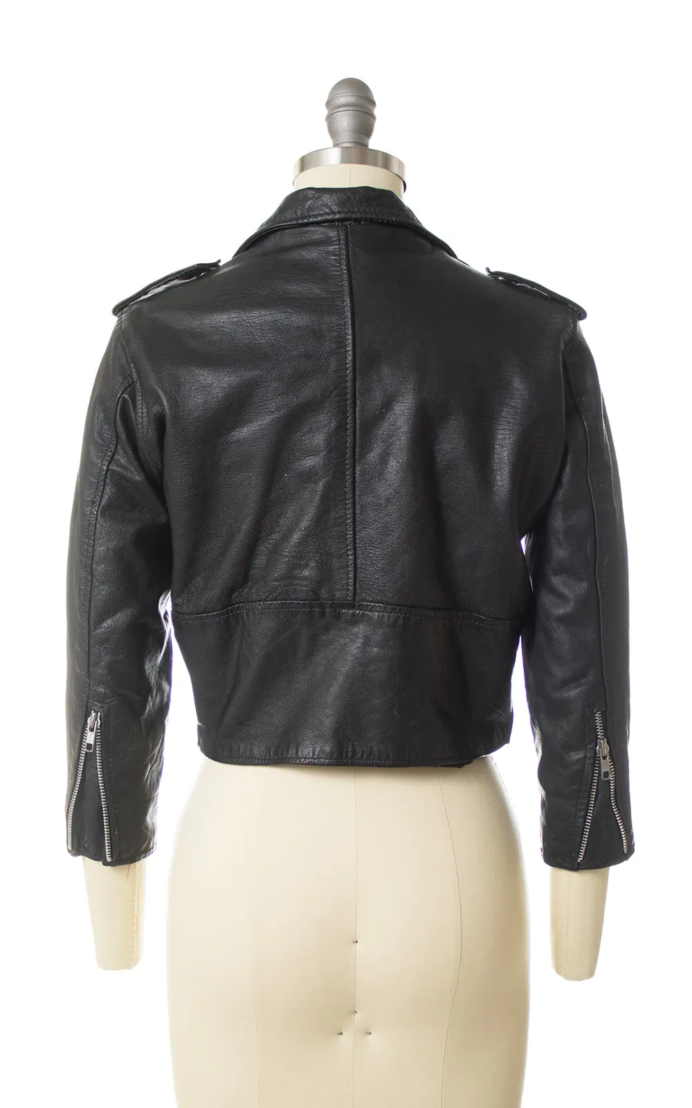 Vintage Cropped Black Leather Motorcycle Jacket | x-small