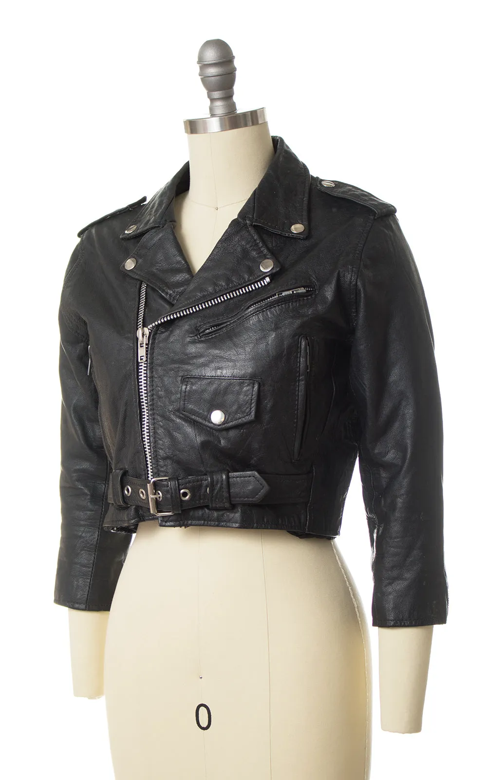 Vintage Cropped Black Leather Motorcycle Jacket | x-small