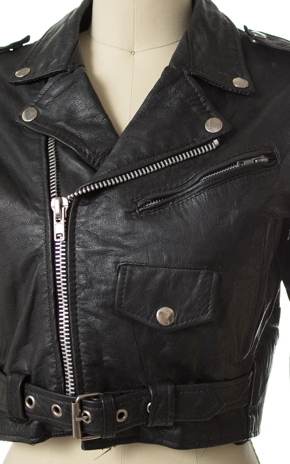 Vintage Cropped Black Leather Motorcycle Jacket | x-small