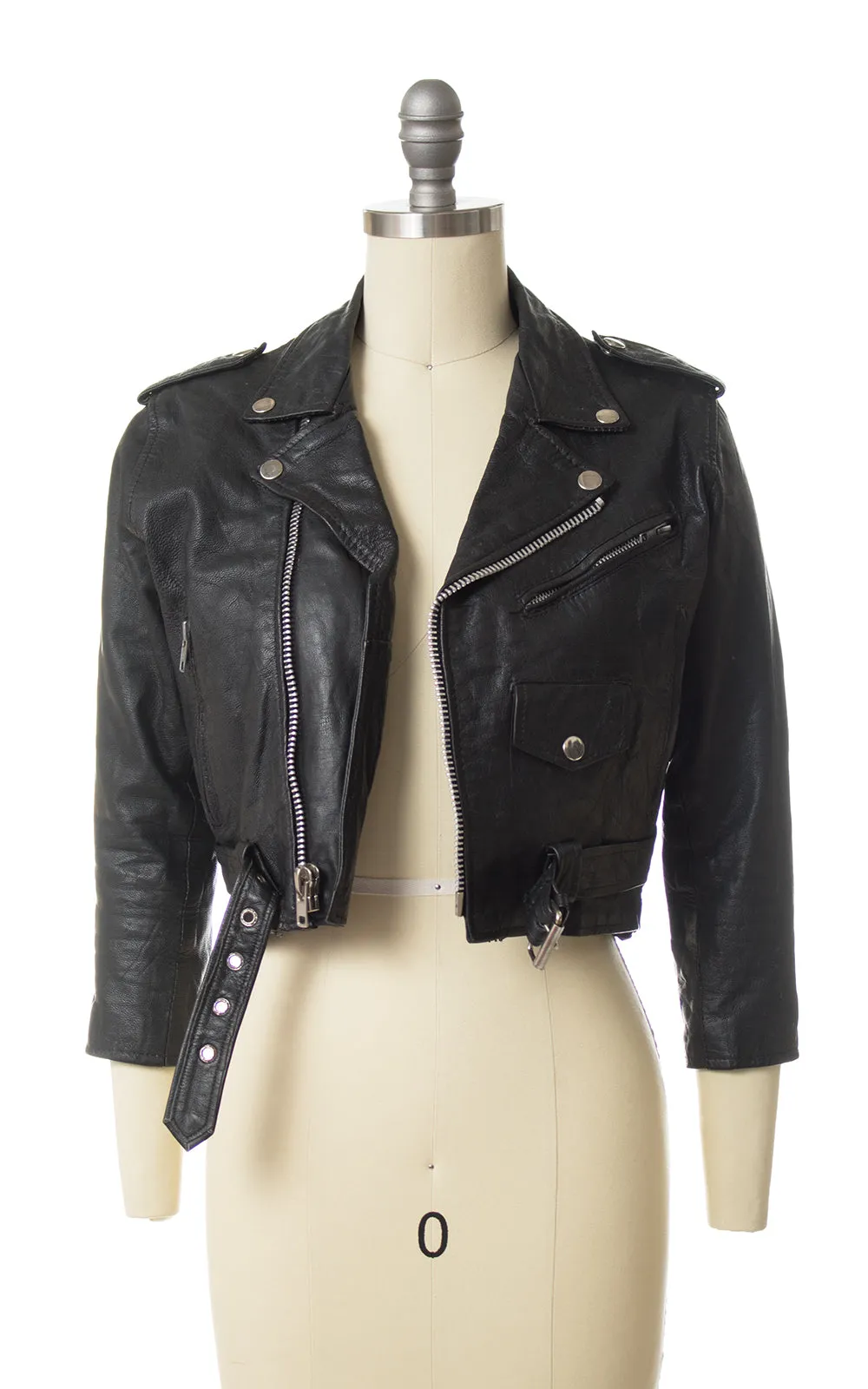 Vintage Cropped Black Leather Motorcycle Jacket | x-small