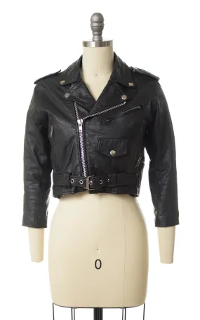 Vintage Cropped Black Leather Motorcycle Jacket | x-small