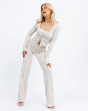 Wide Leg Rib Stretch Trousers in Beige| Lana