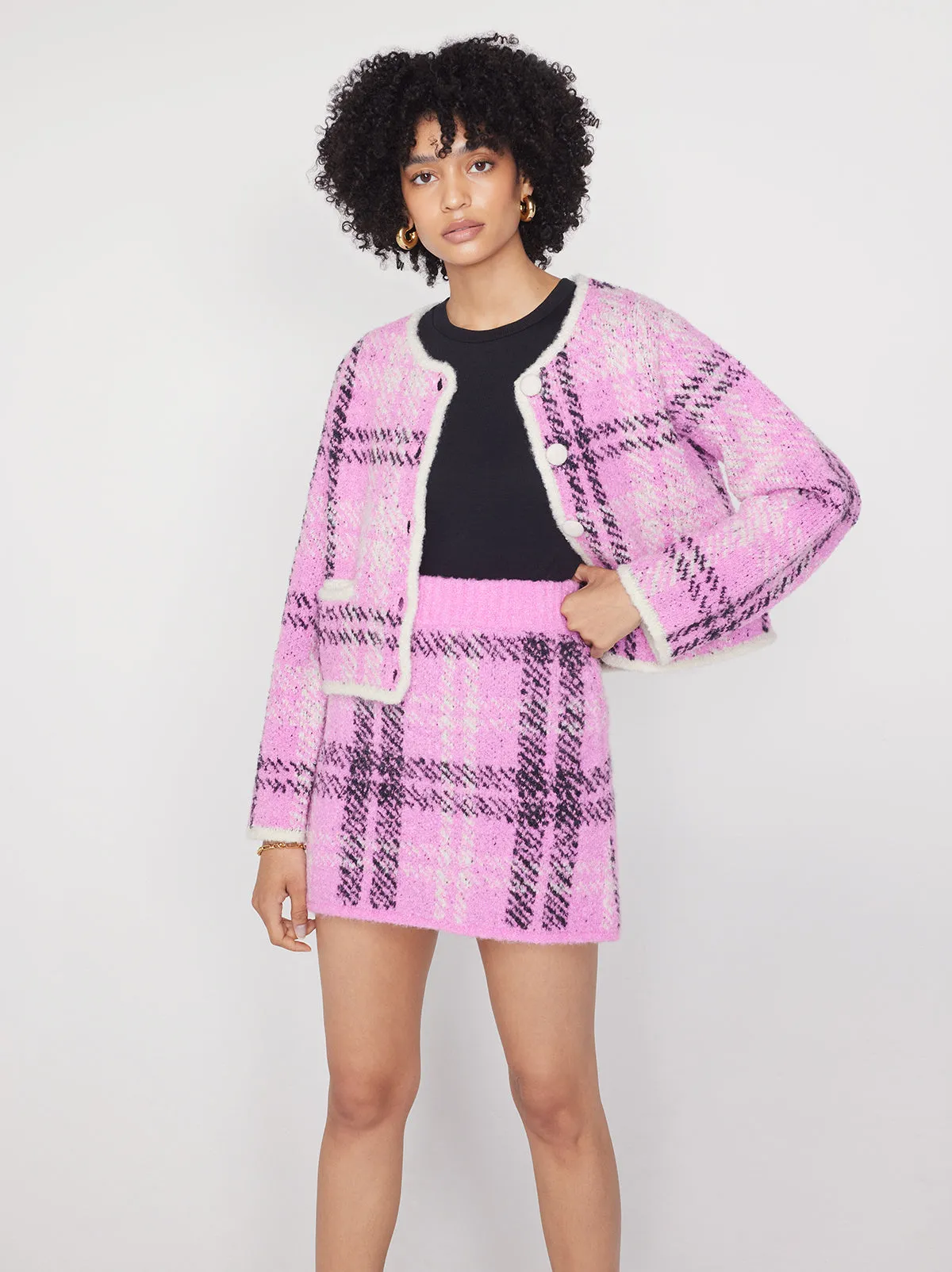 Winnie Pink Check Boucle Knit Cardigan