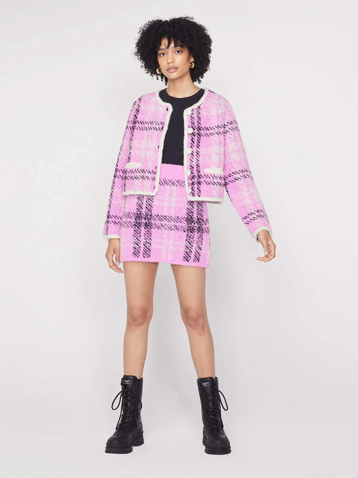 Winnie Pink Check Boucle Knit Cardigan