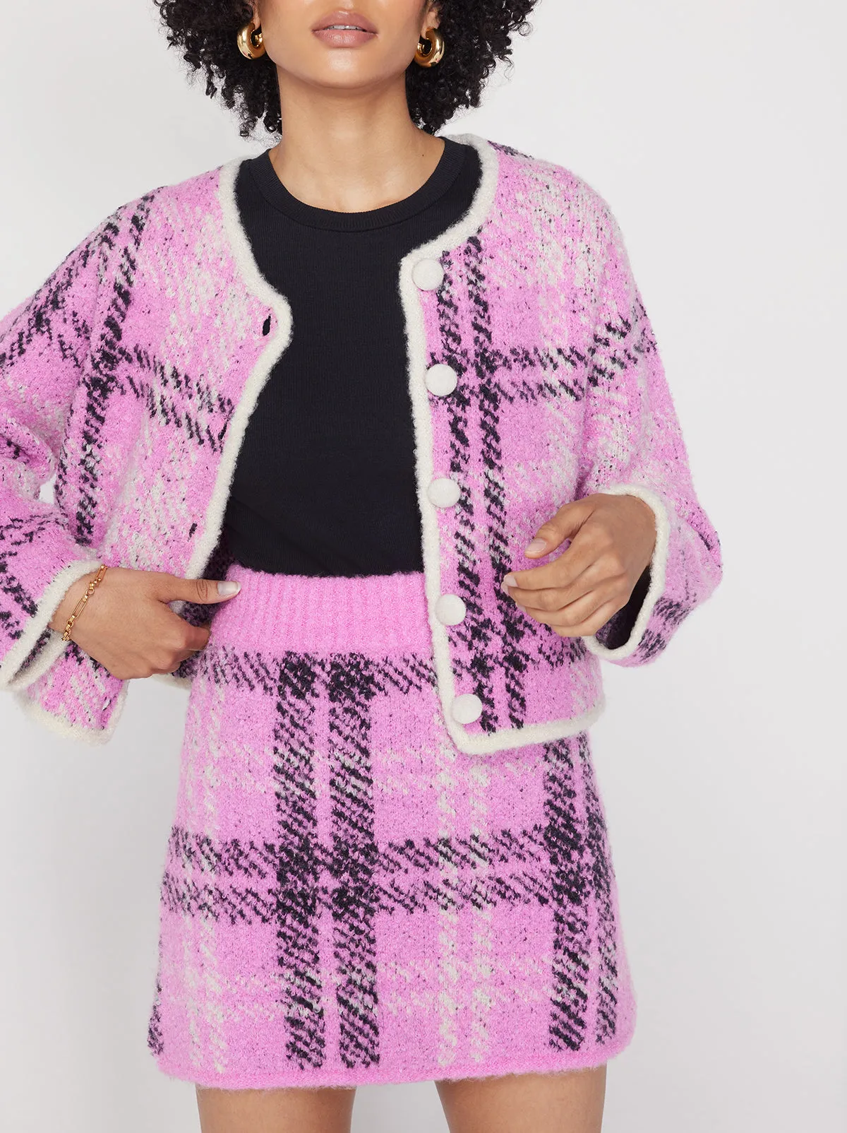 Winnie Pink Check Boucle Knit Cardigan