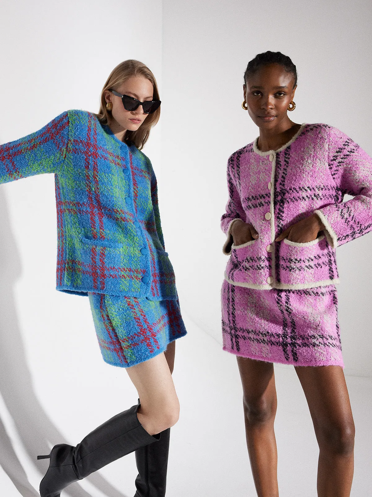 Winnie Pink Check Boucle Knit Cardigan